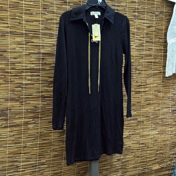 MICHAEL KORS Womens Black Ribbed Logo Chain Lace up Neck Long Sleeve Collared Sh - Picture 2 of 3